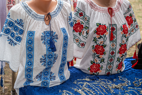 Old traditional Romanian folk costumes with embroidery, specific for womens