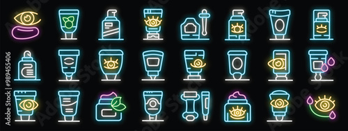 Set of eye cream neon icons showing eye gel and eye patches, perfect for beauty and skincare projects