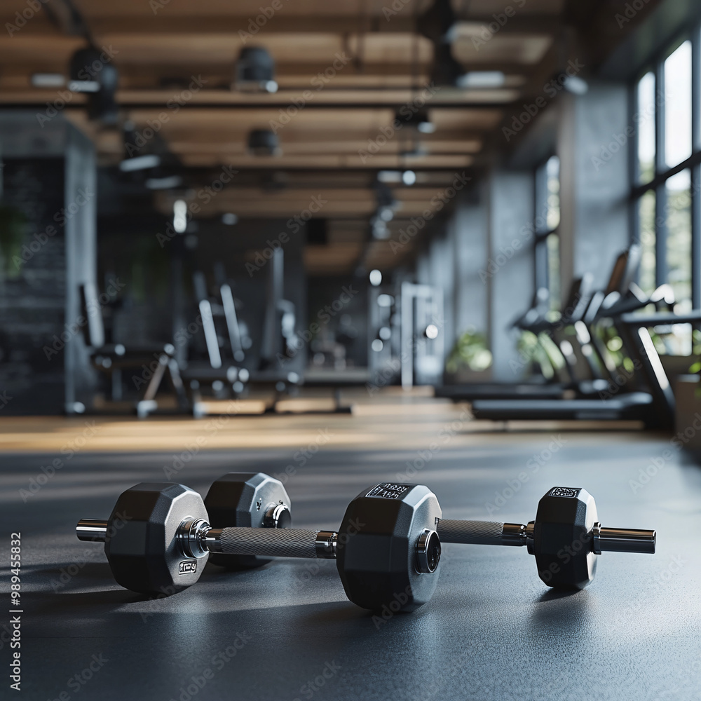 dumbbells on the floor in concept fitness room with training equipments in the back dumbbells on the floor in concept fitness room with training equipments in the back