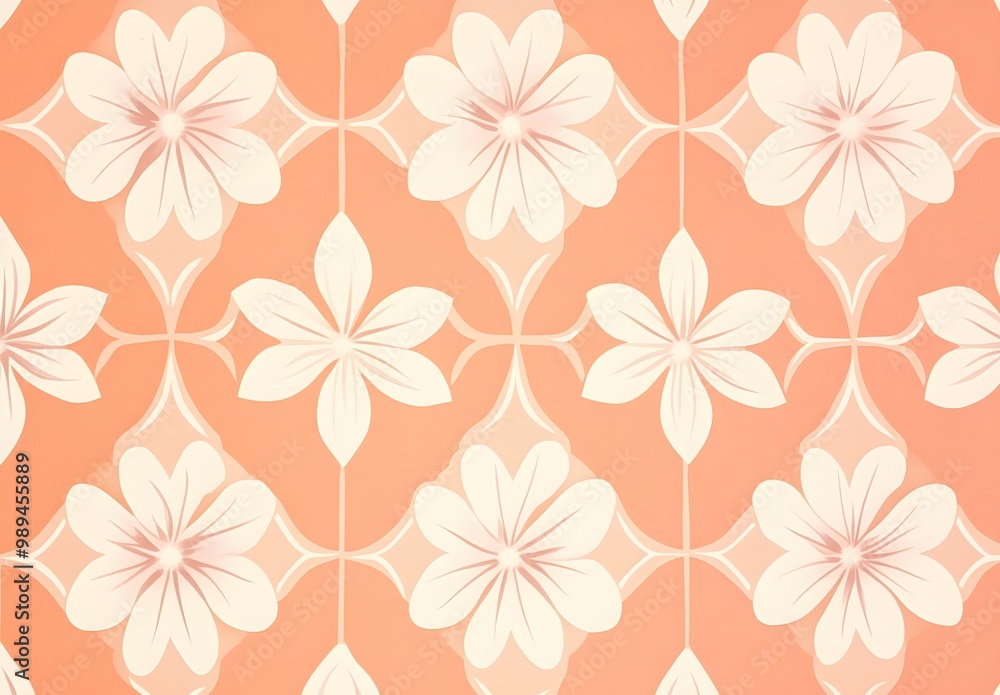 Peach and White Floral Geometric Tile Wallpaper Peach and White Floral Geometric Tile Wallpaper
