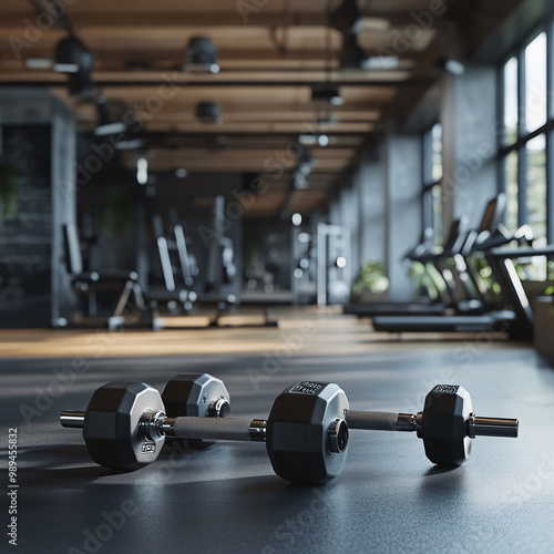 dumbbells on the floor in concept fitness room with training equipments in the back