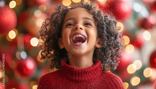 Happy young girl smiling and posing in front of christmas tree