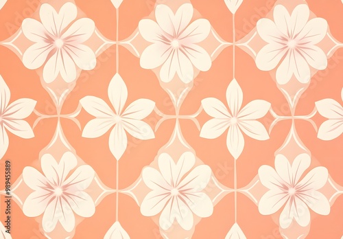 Peach and White Floral Geometric Tile Wallpaper