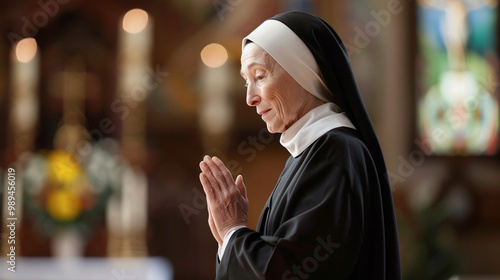 A nun with a peaceful expression, standing in front of an altar, hands clasped together in reverence and prayer. photo