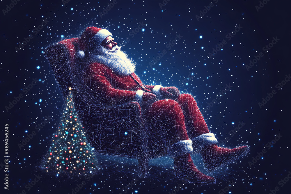 Santa sitting in a chair on Christmas tree background in the wireframe style on a dark blue background
Santa sitting in a chair on Christmas tree background in the wireframe style on a dark blue background