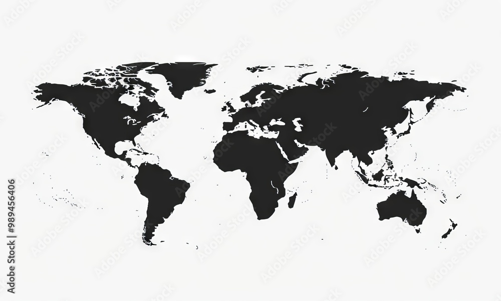 A simple black silhouette of the world map, white background, vector illustration, no shadows, flat design, vector art style, no shadow on left side, 2D design, simple shapes, simple lines, vector gra A simple black silhouette of the world map, white background, vector illustration, no shadows, flat design, vector art style, no shadow on left side, 2D design, simple shapes, simple lines, vector gra