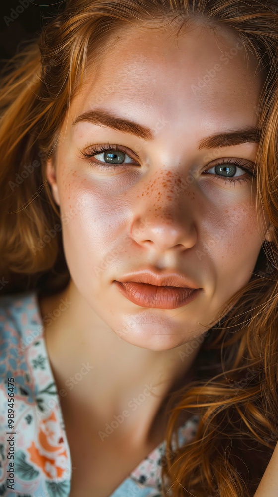 A woman with freckles on her face is looking at the camera A woman with freckles on her face is looking at the camera