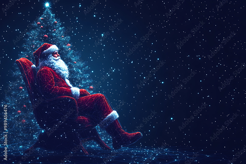 Santa sitting in a chair on Christmas tree background in the wireframe style on a dark blue background
Santa sitting in a chair on Christmas tree background in the wireframe style on a dark blue background