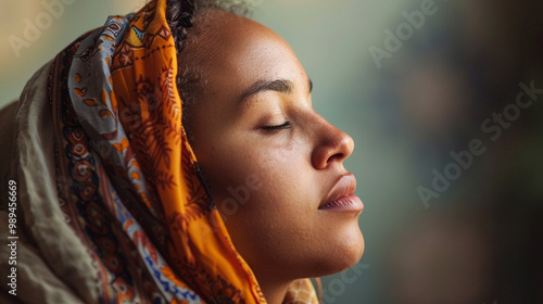 A medium close-up of a person wearing a traditional prayer shawl, standing with their face turned upwards, eyes closed in a moment of deep spiritual connection. photo