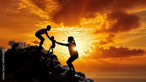 A father lifts his child to help him climb a rocky outcrop as a vibrant sunset paints the sky in warm colors, with another child observing nearby.