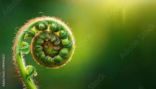 Close-up of a vibrant green and brown fern frond unfurling. photo