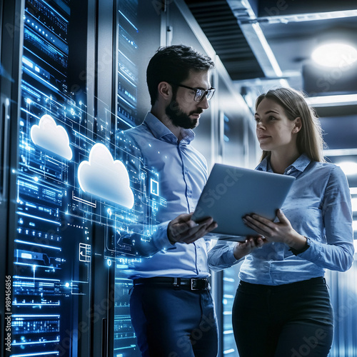 Male IT Specialist Holds Laptop and Discusses Work with Female Server Technician