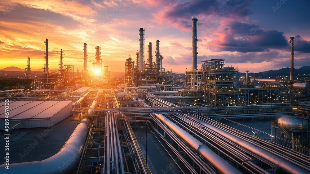 intricate network of industrial pipelines and processing equipment stretching across a vast refinery complex with towering distillation columns and storage tanks under a dramatic sky