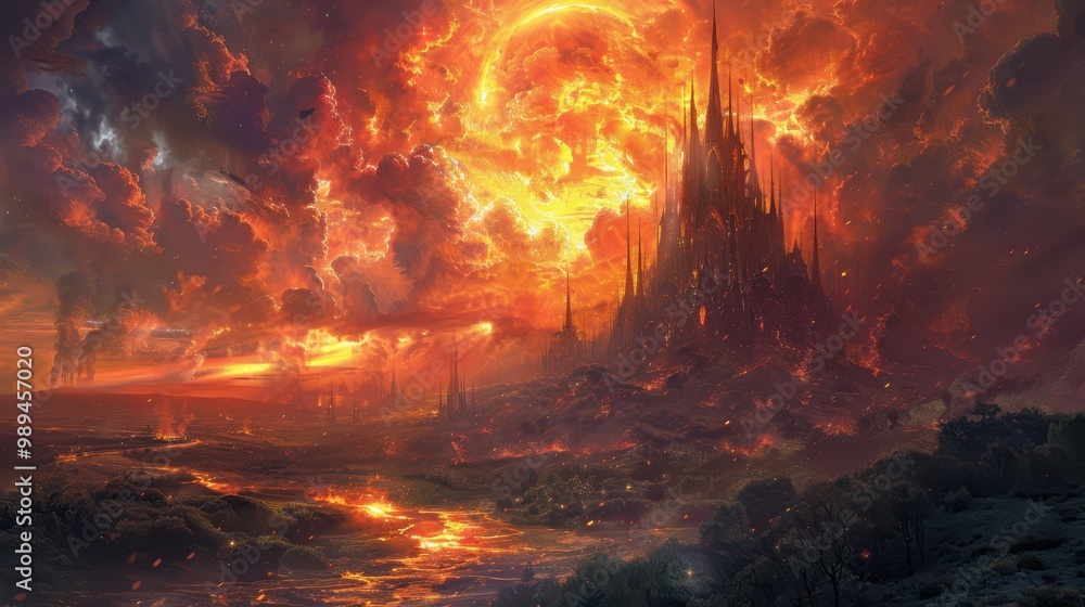 Fototapeta premium A painting of a forest fire with a lot of smoke and fire
