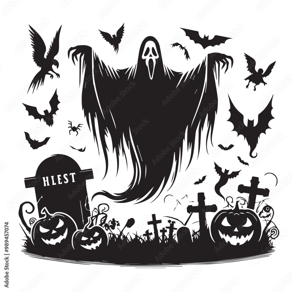 Fototapeta premium Ghost Halloween vector silhouette full black color white background