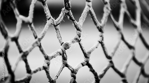 intricate pattern of soccer goal netting closeup view emphasizing geometry and texture monochromatic design with strong contrast evoking sports and strategy photo