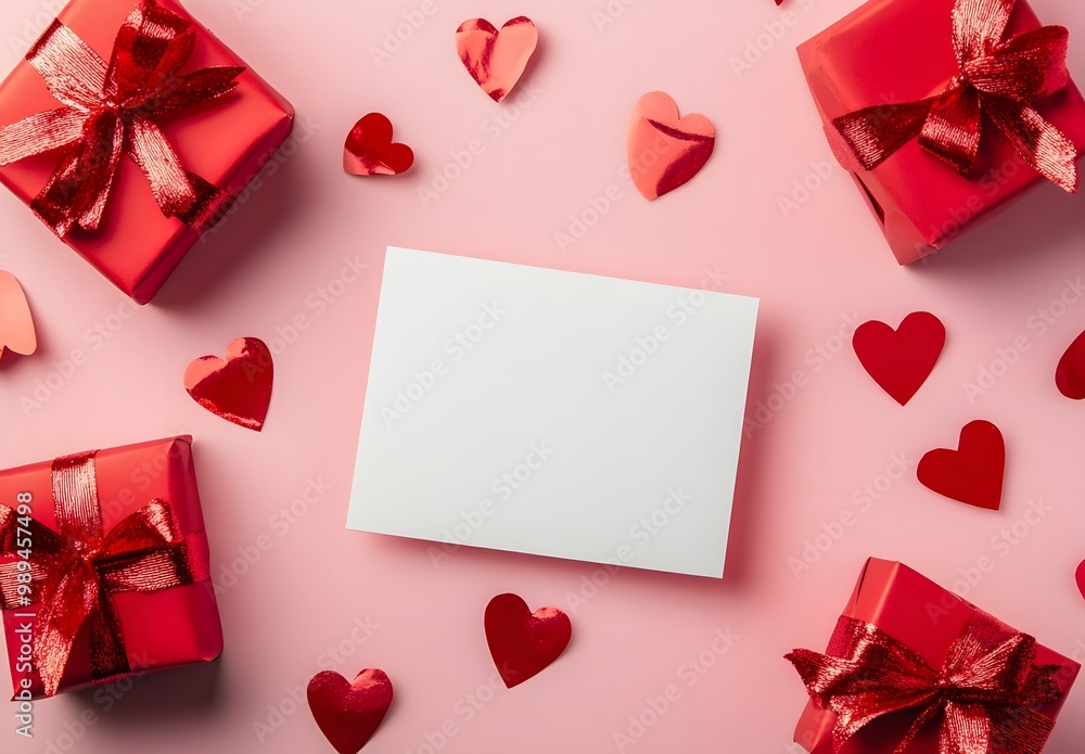 Pink Background With Blank Card, Red Gift Boxes & Hearts Pink Background With Blank Card, Red Gift Boxes & Hearts