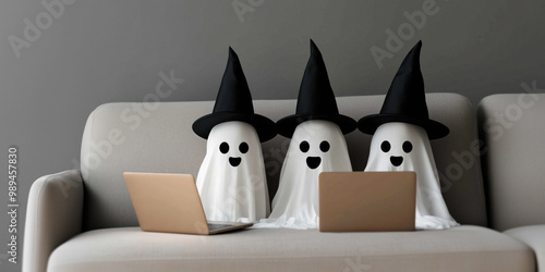 Three friendly ghosts dressed in witch hats sit on a modern couch,engaging with a laptop. The scene captures a fun and lighthearted Halloween vibe with a digital twist,perfect for a spooky movie night