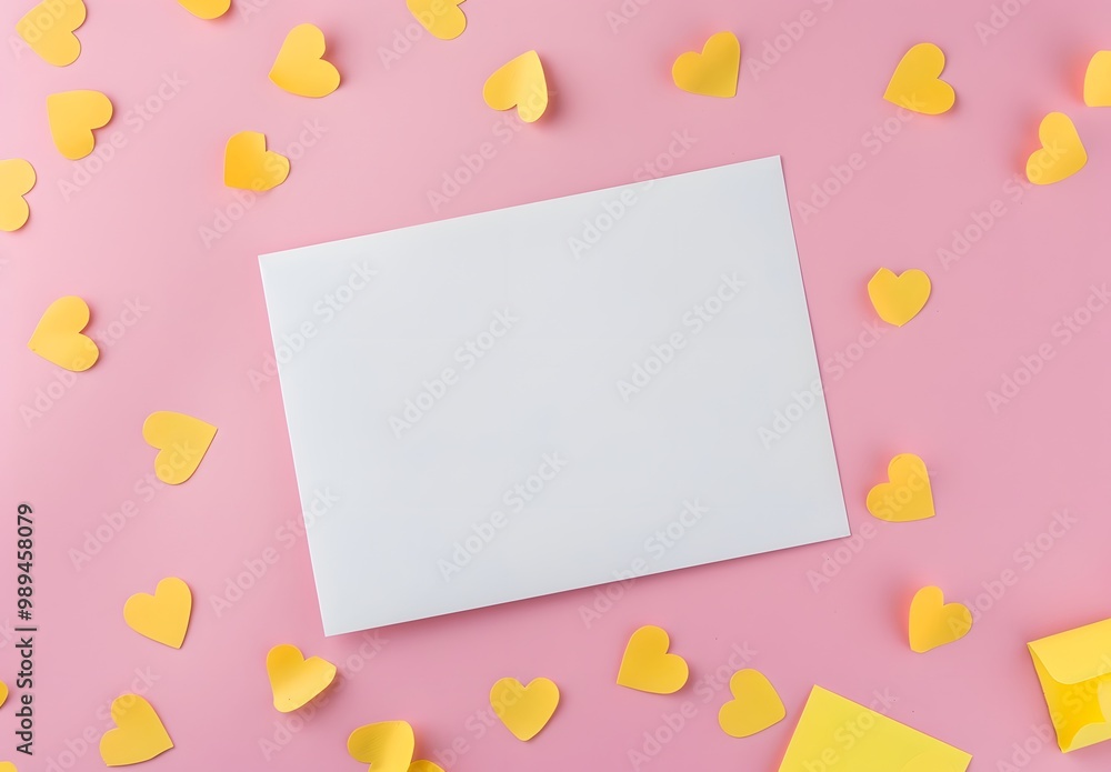 Blank White Card Pink Background Yellow Hearts Blank White Card Pink Background Yellow Hearts