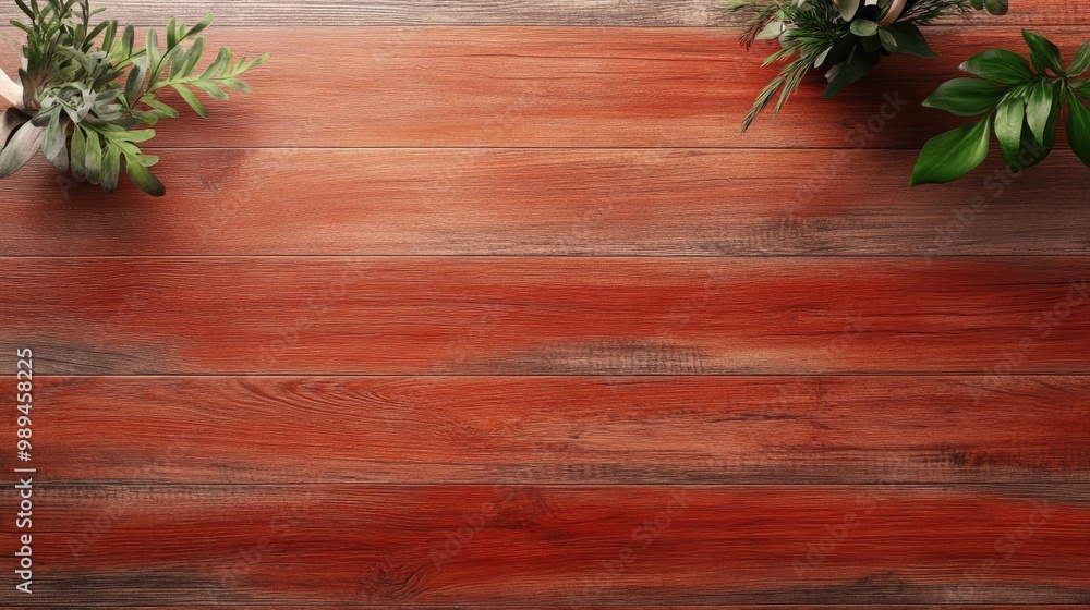 Red wide wooden table viewed from above featuring a light background Neutral grey wooden floor with clean grain showcasing a simple panel backdrop for versatile space Red wide wooden table viewed from above featuring a light background Neutral grey wooden floor with clean grain showcasing a simple panel backdrop for versatile space