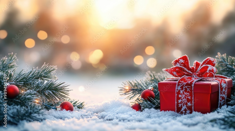 Cheerful holiday atmosphere with embellished evergreen branches red decorations presents and a snowy backdrop during early morning Cheerful holiday atmosphere with embellished evergreen branches red decorations presents and a snowy backdrop during early morning