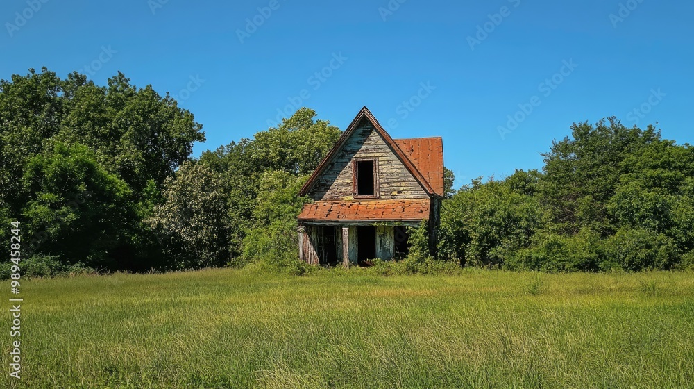 Obraz premium Abandoned house in a meadow surrounded by lush greenery and vibrant grass under a clear blue sky
