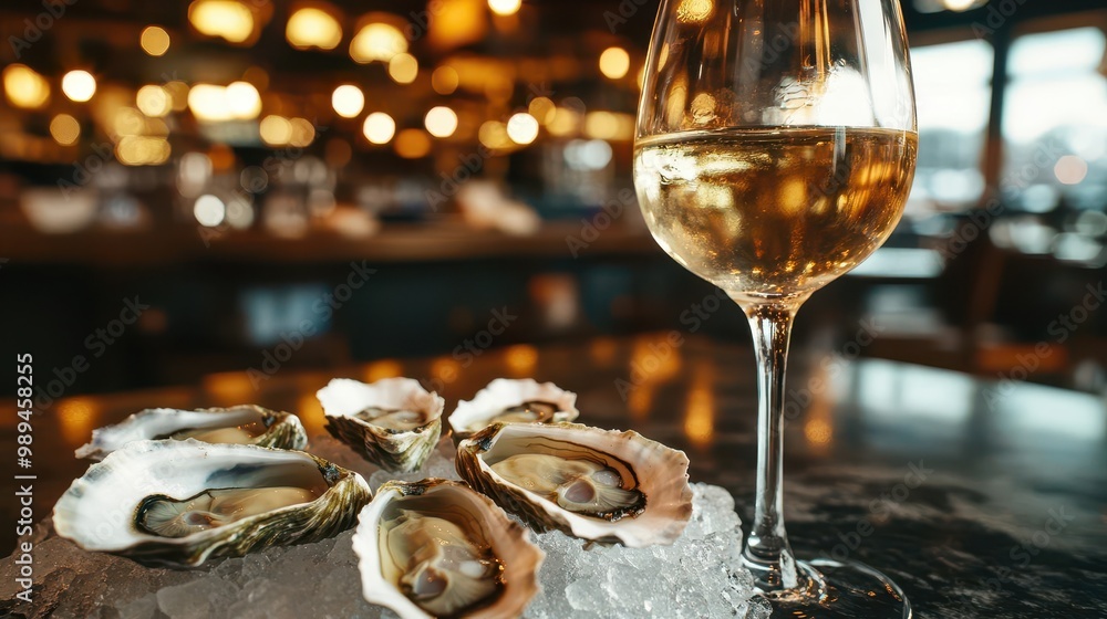 inviting seafood restaurant interior with a spread of freshly shucked oysters on ice a crisp glass of white wine complements the scene set against warm ambient lighting inviting seafood restaurant interior with a spread of freshly shucked oysters on ice a crisp glass of white wine complements the scene set against warm ambient lighting