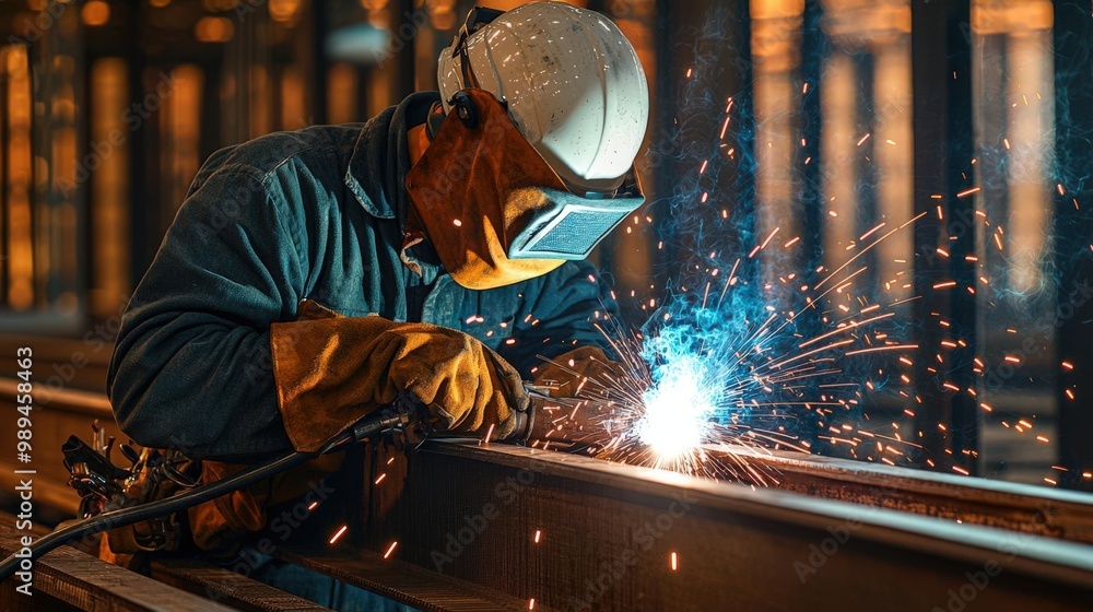 A skilled worker welding metal in a workshop setting, showcasing sparks and focused precision during the fabrication process. A skilled worker welding metal in a workshop setting, showcasing sparks and focused precision during the fabrication process.