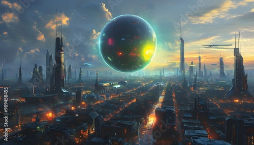 Futuristic cityscape alive with glowing orb and advanced technology, showcasing robots and an atmosphere of excitement and wonder for the future possibilities