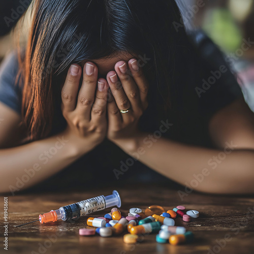 drug addict asian young woman hand cover face in front of pills