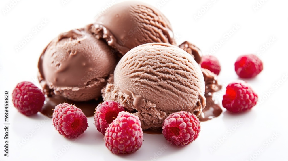 Scoop of chocolate vanilla and fruit flavored ice cream garnished with fresh raspberries on a plain white background Scoop of chocolate vanilla and fruit flavored ice cream garnished with fresh raspberries on a plain white background