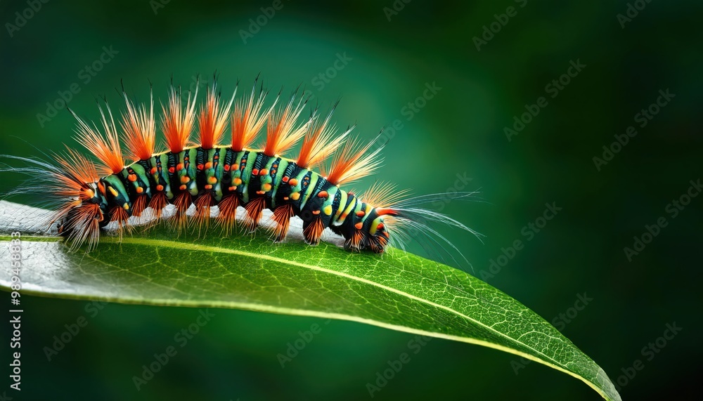 Colorful caterpillar crawling on a green leaf. Colorful caterpillar crawling on a green leaf.