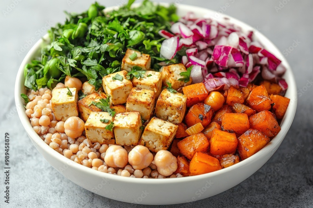 Colorful healthy bowl with tofu, chickpeas, sweet potatoes, fresh greens, and red onions, perfect for a nutritious meal. Colorful healthy bowl with tofu, chickpeas, sweet potatoes, fresh greens, and red onions, perfect for a nutritious meal.