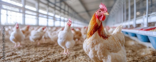 Close-up of a proud hen in a modern poultry farm, showcasing healthy livestock in a clean and vibrant environment.