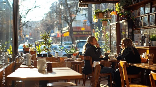 Two friends sit at a wooden table in a bright cafe, laughing and chatting over coffee while surrounded by plants and a lively street view.