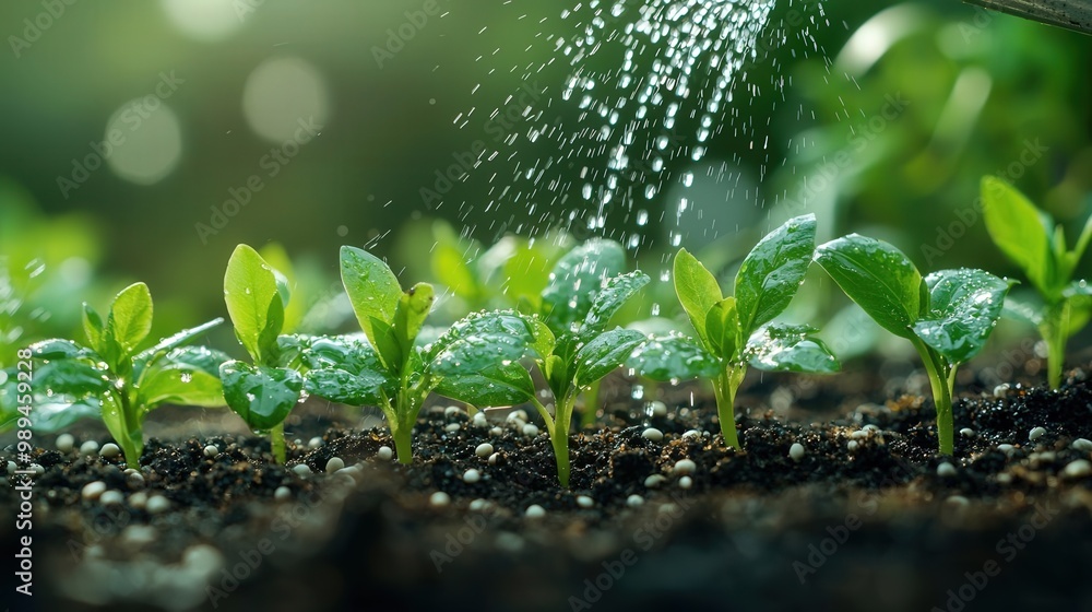 Fresh green seedlings being watered in a tranquil garden setting, showcasing growth and nurturing in nature. Fresh green seedlings being watered in a tranquil garden setting, showcasing growth and nurturing in nature.