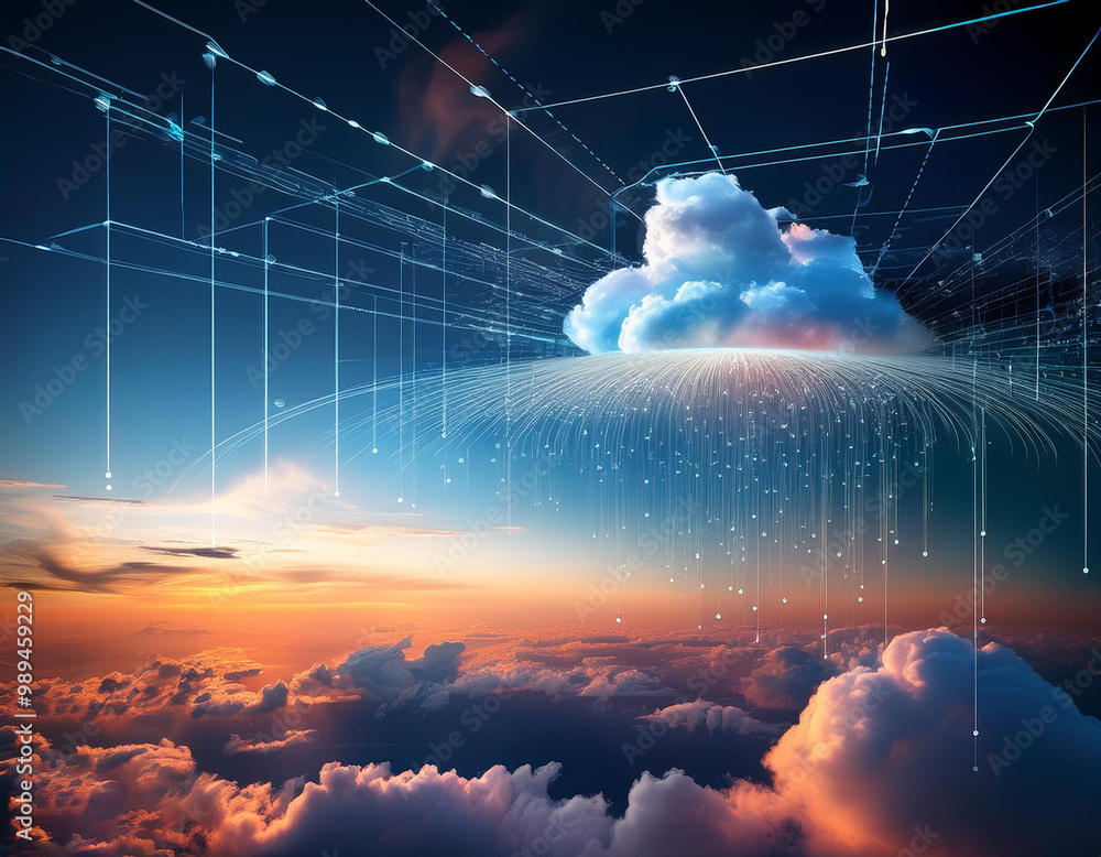 Obraz premium Digital clouds and data overlays over a sky background represent artificial intelligence (AI)-powered climate modeling and weather forecasting.