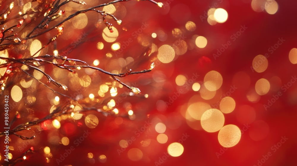 Golden garlands shimmer against a backdrop of red featuring fairy lights and sparkles Ideal for minimalist holiday greetings and festive designs Golden garlands shimmer against a backdrop of red featuring fairy lights and sparkles Ideal for minimalist holiday greetings and festive designs