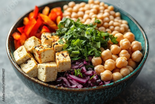 Vibrant bowl of fresh vegetables, chickpeas, and tofu, perfect for a healthy meal or salad inspiration.