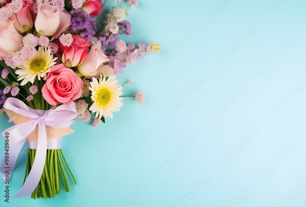 Obraz premium Floral Bouquet and Gift Box on Blue Background