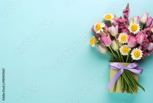 Pink & White Flower Bouquet Gift Box Blue Background