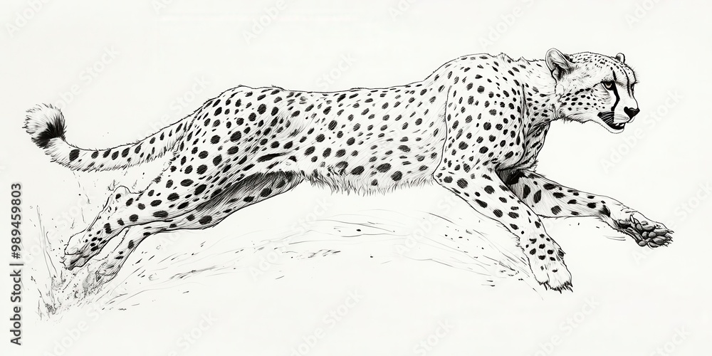 Naklejka premium Design a side view of an agile cheetah in a dynamic, detailed ink drawing Emphasize its sleek form and powerful muscles in motion