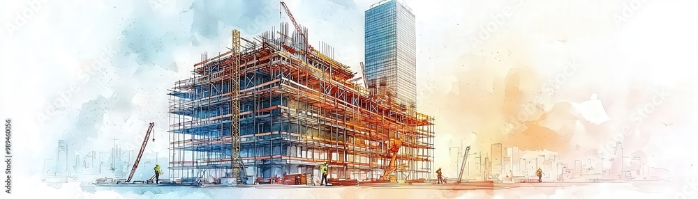 A dynamic construction site with cranes and scaffolding, showcasing modern architecture and development in a vibrant urban environment. A dynamic construction site with cranes and scaffolding, showcasing modern architecture and development in a vibrant urban environment.