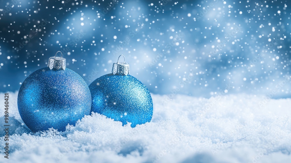 Festive background featuring blue Christmas ornaments and snow Festive background featuring blue Christmas ornaments and snow