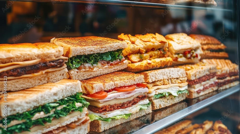 Assortment of delicious sandwiches with different fillings displayed in a store window illustrating the snack and fast food theme Assortment of delicious sandwiches with different fillings displayed in a store window illustrating the snack and fast food theme