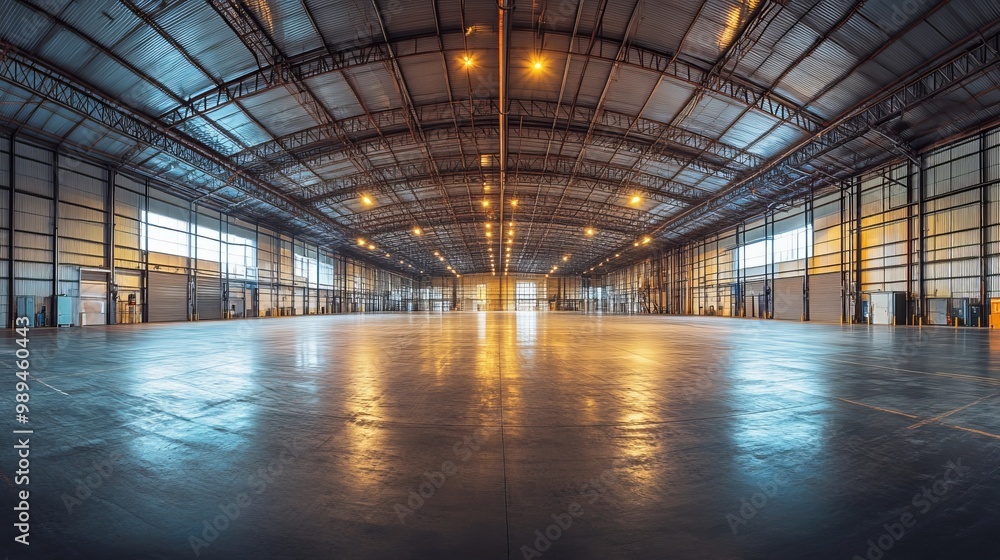 A wide-angle view captures the interior of a large, empty warehouse, including loading dock doors A wide-angle view captures the interior of a large, empty warehouse, including loading dock doors