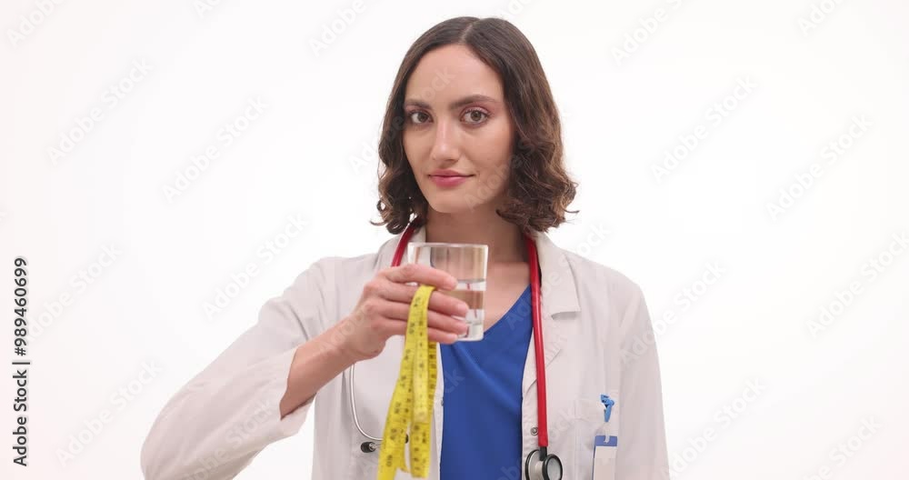 Woman doctor holds measuring tape and glass of water on white background. Brunette medic with stethoscope shows thumbs up promoting hydration and diet Woman doctor holds measuring tape and glass of water on white background. Brunette medic with stethoscope shows thumbs up promoting hydration and diet