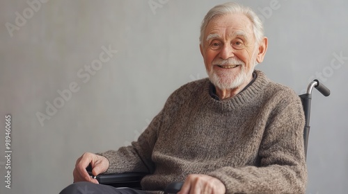 joyful golden years smiling elderly whitehaired man in wheelchair neutral studio background positive aging concept photo