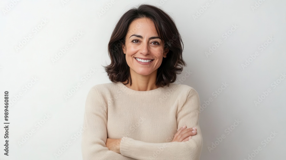 joyful middleaged hispanic woman posing confidently with crossed arms against a white background warm smile and casual attire convey approachability and positivity joyful middleaged hispanic woman posing confidently with crossed arms against a white background warm smile and casual attire convey approachability and positivity