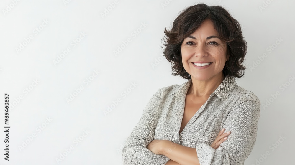 joyful middleaged hispanic woman posing confidently with crossed arms against a white background warm smile and casual attire convey approachability and positivity joyful middleaged hispanic woman posing confidently with crossed arms against a white background warm smile and casual attire convey approachability and positivity